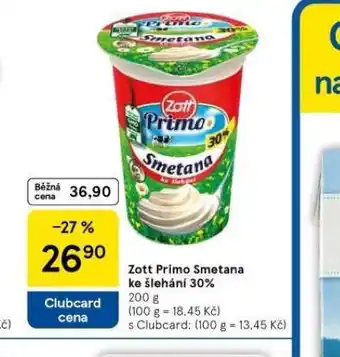 Tesco Zott primo smetana ke šlehání 30% nabídka