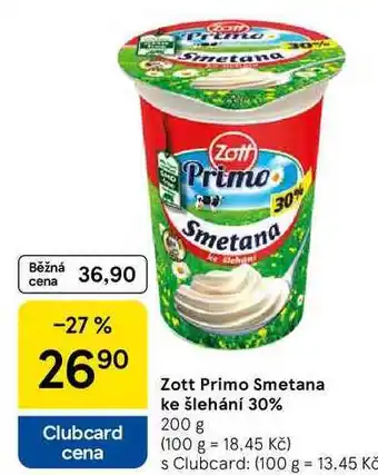 Tesco Zott Primo Smetana ke šlehání 30%, 200 g nabídka