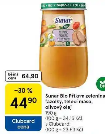 Tesco Sunar Bio Příkrm zelenina fazolky, telecí maso, olivový olej, 190 g nabídka