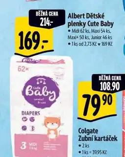 Albert Albert Dětské plenky Cute Baby • Midi 62 ks, Maxi 54 ks, Maxi+ 50 ks, Junior 46 ks nabídka