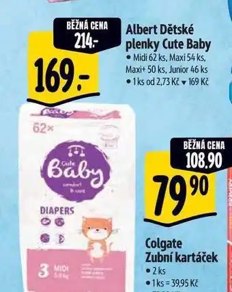 Albert Albert Dětské plenky Cute Baby • Midi 62 ks, Maxi 54 ks, Maxi+ 50 ks, Junior 46 ks nabídka