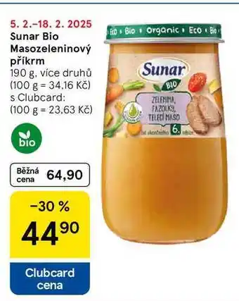 Tesco Sunar Bio Masozeleninový příkrm, 190 g, více druhů nabídka