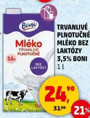 Penny Market TRVANLIVE PLNOTUČNÉ MLÉKO BEZ LAKTÓZY 3,5% BONI, 1 l nabídka