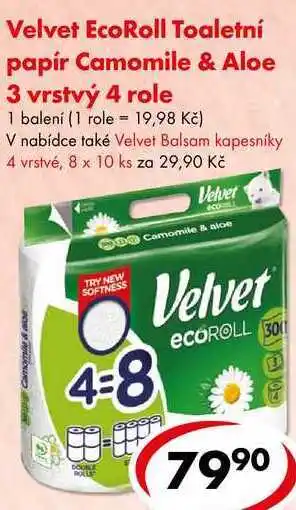 CBA Velvet EcoRoll Toaletní papír Camomile & Aloe 3 vrstvý, 4 role nabídka