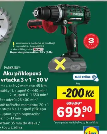 Lidl PARKSIDE® Aku příklepová vrtačka 3 v 1 - 20 V nabídka