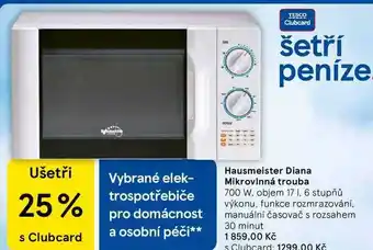 Tesco Hausmeister Diana Mikrovlnná trouba 700 W. objem 17 l,. 6 stupňů výkonu, funkce rozmrazování nabídka