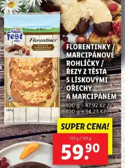 Lidl Florentinky / marcipánové rohlíčky / řezy z těsta s lískovými ořechy a marcipánem nabídka