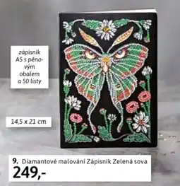 Velký Košík 9. Diamantové malování Zápisník Zelená sova nabídka