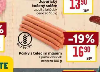 Billa Párky s telecím masem z pultu lahůdek cena za 100 g nabídka