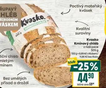 Billa Kvasko Kmínový chléb z naší pece 505 g nabídka