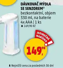 Penny Market DÁVKOVAČ MÝDLA SE SENZOREM bezkontaktní, objem 330 ml, na baterie 4x AAA, 1 ks nabídka