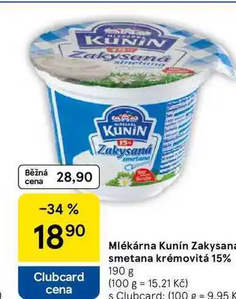 Tesco Mlékárna Kunín Zakysana smetana krémovitá 15%, 190 g nabídka