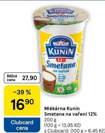 Tesco Mlékárna Kunín Smetana na vaření 12%, 200 g nabídka