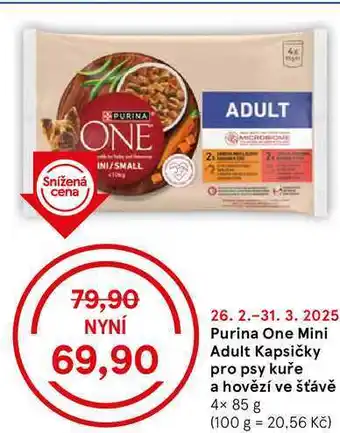 Tesco Purina One Mini Adult Kapsičky pro psy kuře a hovězí ve šťávě, 4× 85 g nabídka