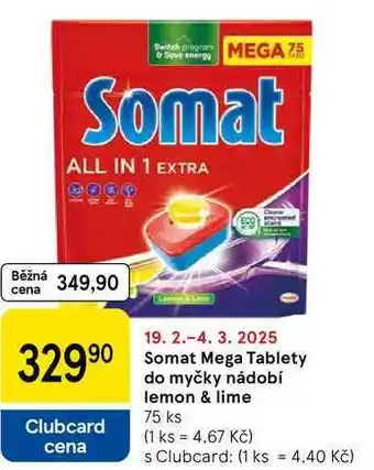 Tesco Somat Mega Tablety do myčky nádobí lemon & lime, 75 ks nabídka