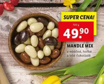 Lidl Mandle mix v mléčná , hořké a bílé čokoládě nabídka