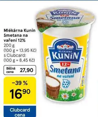 Tesco Mlékárna Kunín Smetana na vaření 12%, 200 g nabídka