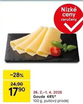 Tesco Gouda 48%, 100 g. pultový prodej nabídka