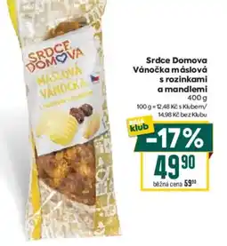 Billa Srdce domova vánočka máslová s rozinkami a mandlemi nabídka