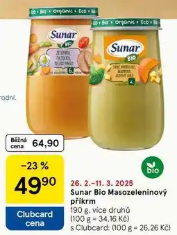 Tesco Sunar Bio Masozeleninový příkrm, 190 g. více druhů nabídka