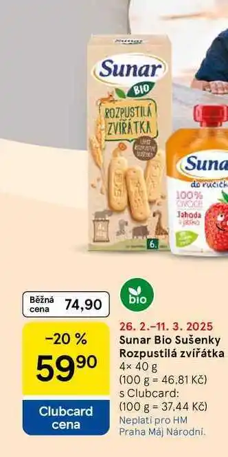 Tesco Sunar Bio Sušenky Rozpustilá zvířátka, 4× 40 g nabídka