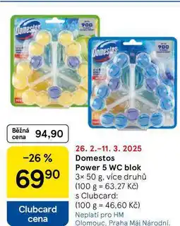 Tesco Domestos Power 5 WC blok, 3x 50 g, více druhů nabídka