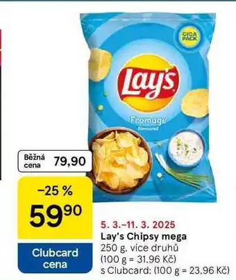 Tesco Lay's Chipsy mega, 250 g nabídka