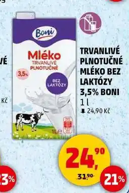 Penny Market TRVANLIVÉ PLNOTUČNÉ MLÉKO BEZ LAKTÓZY 3,5% BONI, 1 l nabídka