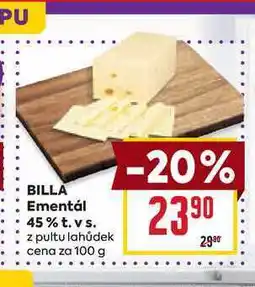 Billa BILLA Ementál 45% t. vs. z pultu lahůdek cena za 100 g nabídka