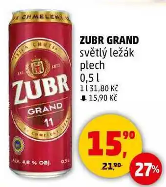 Penny Market ZUBR GRAND světlý ležák plech, 0,5 l nabídka