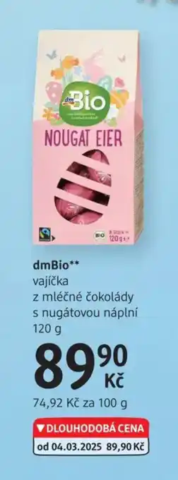 dm drogerie DmBio vajíčka z mléčné čokolády s nugátovou náplní nabídka