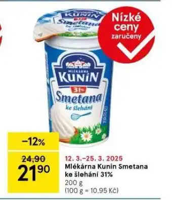 Tesco Kunín smetana ke šlehání 31% nabídka