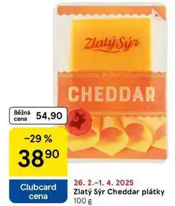 Tesco Zlatý Sýr Cheddar plátky, 100 g nabídka