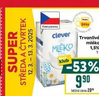 Billa Trvanlivé mléko 1,5% 1l nabídka