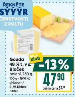 Billa Gouda 48% t. vs. Bloček balení, 250 g nabídka