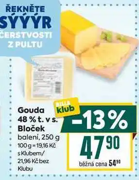 Billa Gouda 48% t. vs. Bloček balení, 250 g nabídka