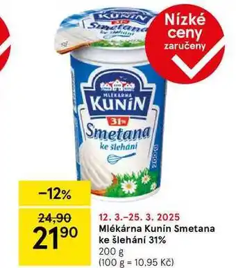 Tesco Mlékárna Kunín Smetana ke šlehání 31%, 200 g nabídka