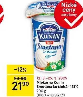 Tesco Mlékárna Kunín Smetana ke šlehání 31%, 200 g nabídka