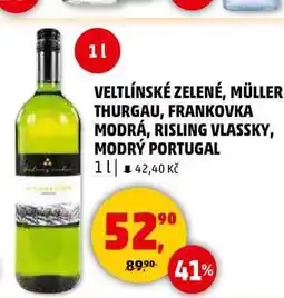 Penny Market VELTLÍNSKÉ ZELENÉ, MÜLLER THURGAU, FRANKOVKA MODRÁ, RISLING VLASSKY, MODRÝ PORTUGAL, 1 l nabídka