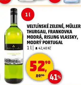 Penny Market VELTLÍNSKÉ ZELENÉ, MÜLLER THURGAU, FRANKOVKA MODRÁ, RISLING VLASSKY, MODRÝ PORTUGAL, 1 l nabídka