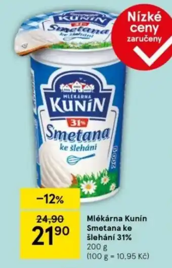 Tesco Mlékárna Kunín Smetana ke šlehání 31% nabídka