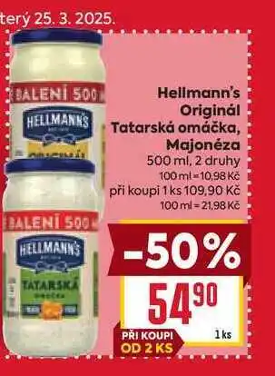 Billa HELLMANN'S Tatarská omáčka, Majonéza 500 ml nabídka