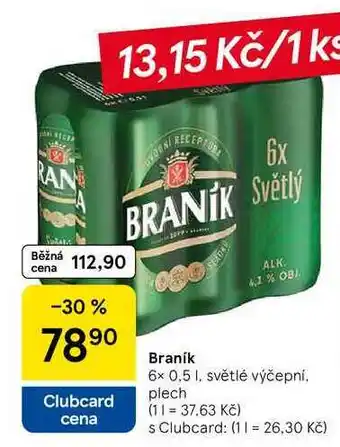 Tesco Braník Světlý, výčepní pivo (plechovka), 6 x 0,5 l nabídka