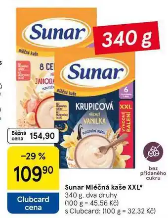 Tesco Sunar Mléčná kaše XXL bez přidaného cukru, 340 g, dva druhy nabídka