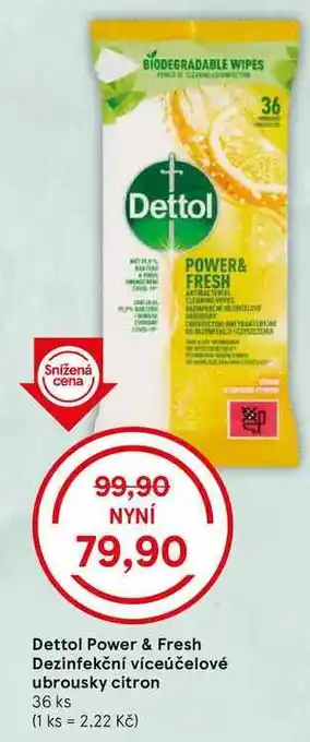 Tesco Dettol Power & Fresh Dezinfekční víceúčelové ubrousky citron, 36 ks nabídka