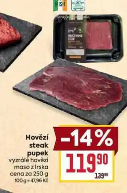 Billa Hovězí steak pupek vyzrálé hovězí maso z Irska cena za 250 g nabídka