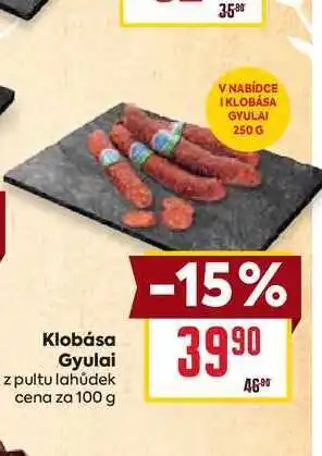 Billa Klobása Gyulai z pultu lahůdek cena za 100 g nabídka