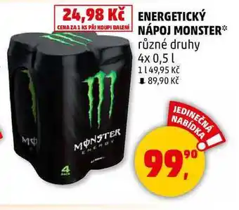 Penny Market Monster energetický nápoj, 4 x 500ml, vybrané druhy nabídka