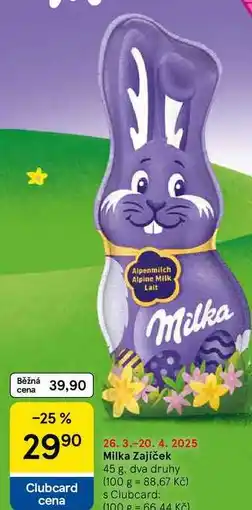 Tesco Milka Zajíček, 45 g. dva druhy nabídka
