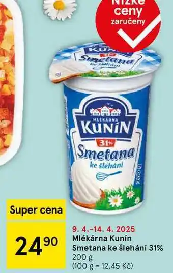 Tesco Mlékárna Kunín Smetana ke šlehání 31%, 200 g nabídka